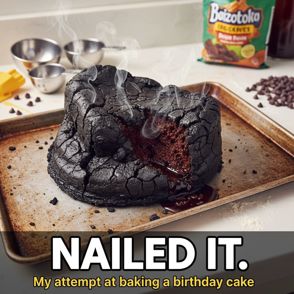 I tried to bake a cake. It looks like a science experiment gone horribly wrong. Send fire dept.