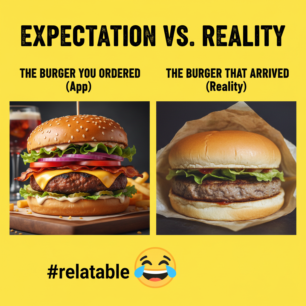 Ordered a gourmet burger. Got a sad patty on a bun. Expectations vs. Reality hit hard.