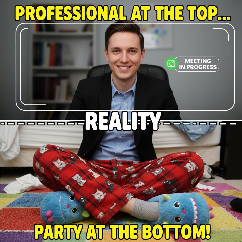 My WFH outfit: Business on top, pajama pants and fuzzy slippers on the bottom.