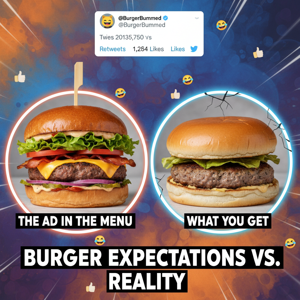Ordered a gourmet burger, got a sad patty on a damp bun. My disappointment is immeasurable.