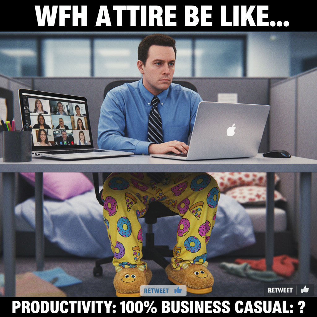 WFH outfit: Business on top, pajama pants party on the bottom. The duality of man.