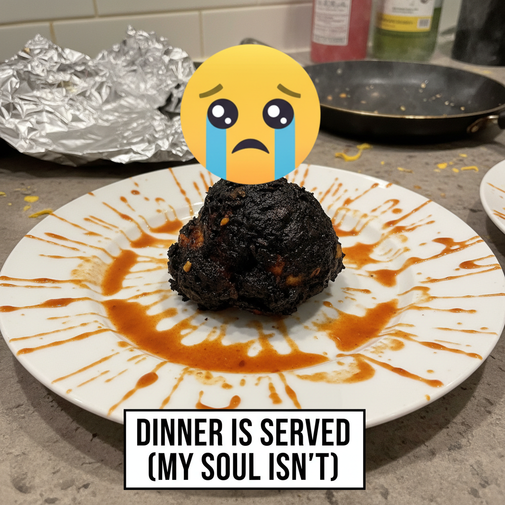 My 'gourmet' meal looks like a crime scene. Send help (and pizza).