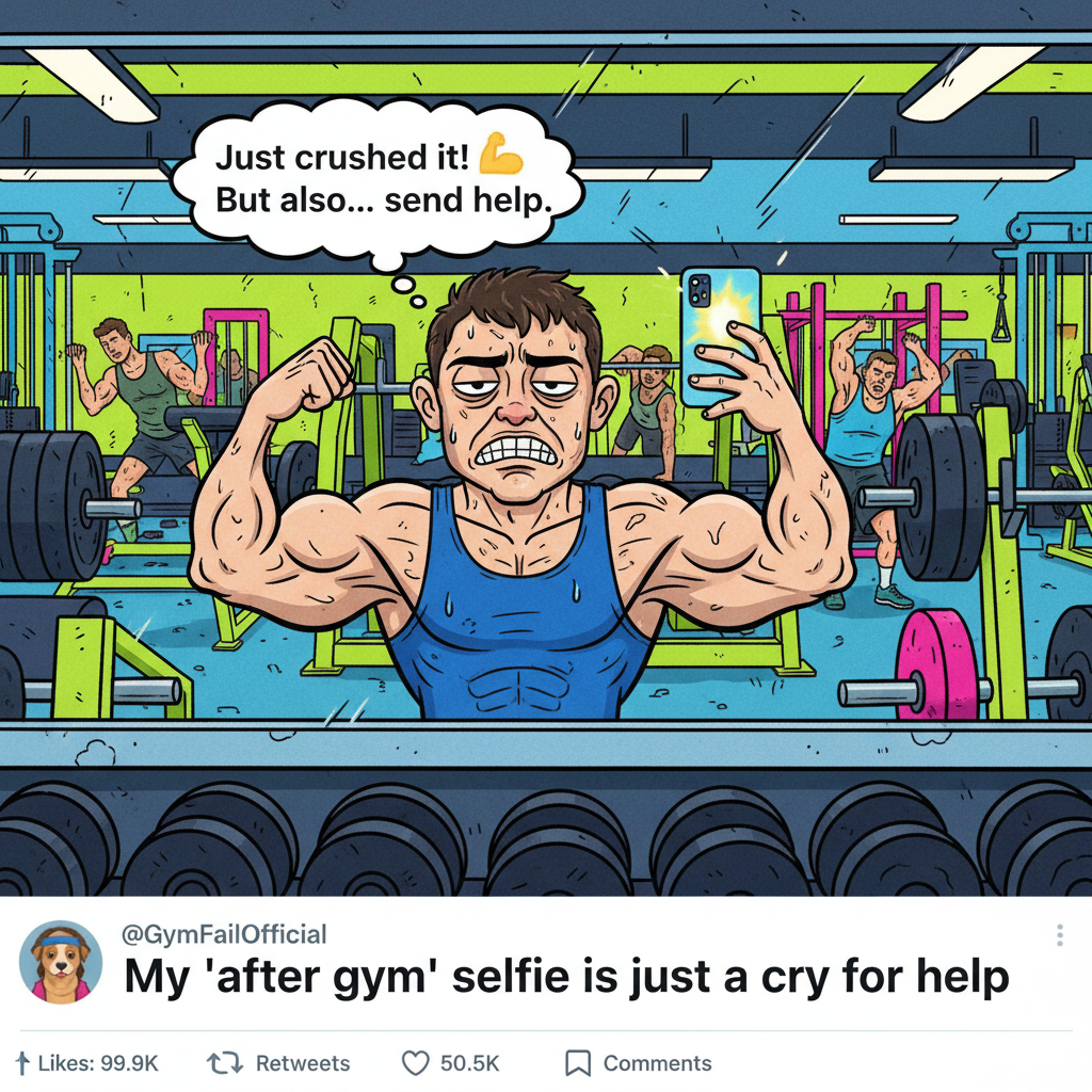 Went to the gym. Did 3 reps. Took 10 selfies. Nailed it.