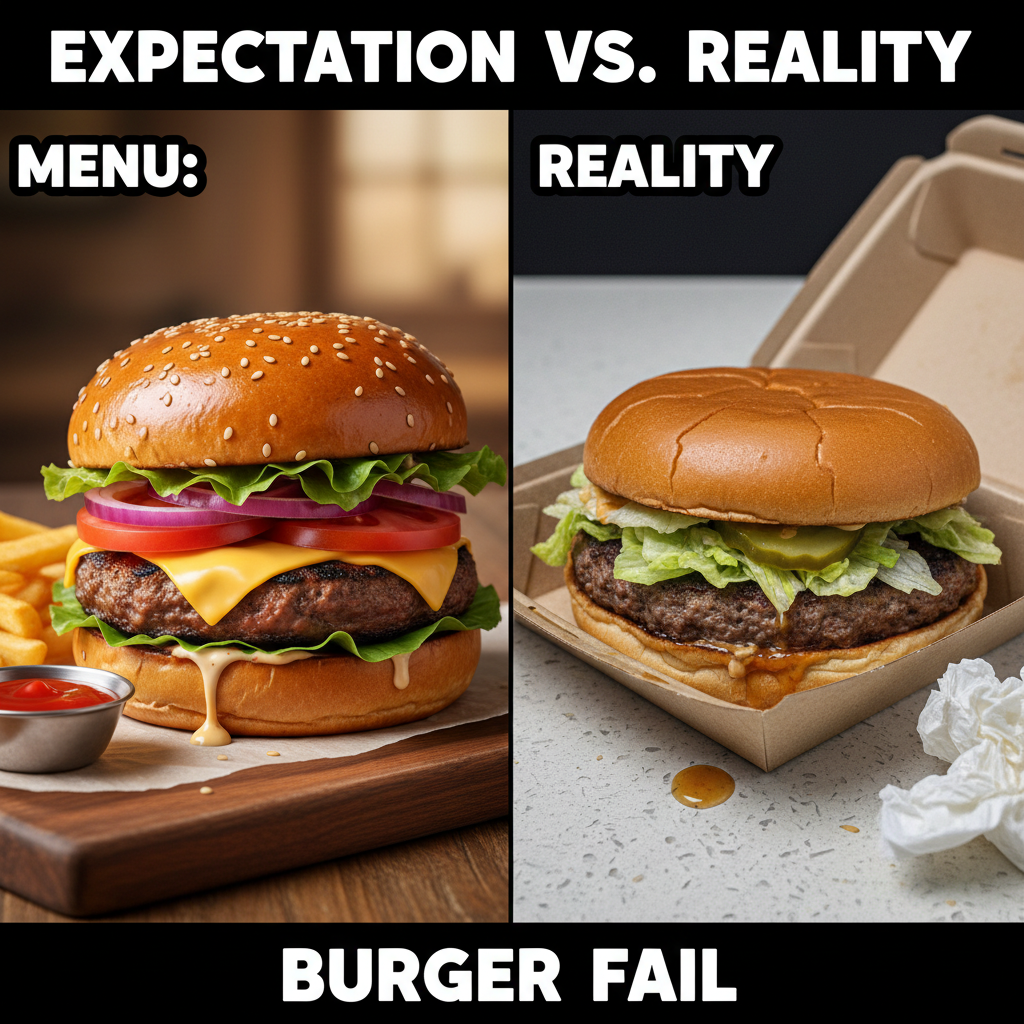 Ordered a gourmet burger, got a sad patty on a bun. My expectations vs. reality is a tragedy.