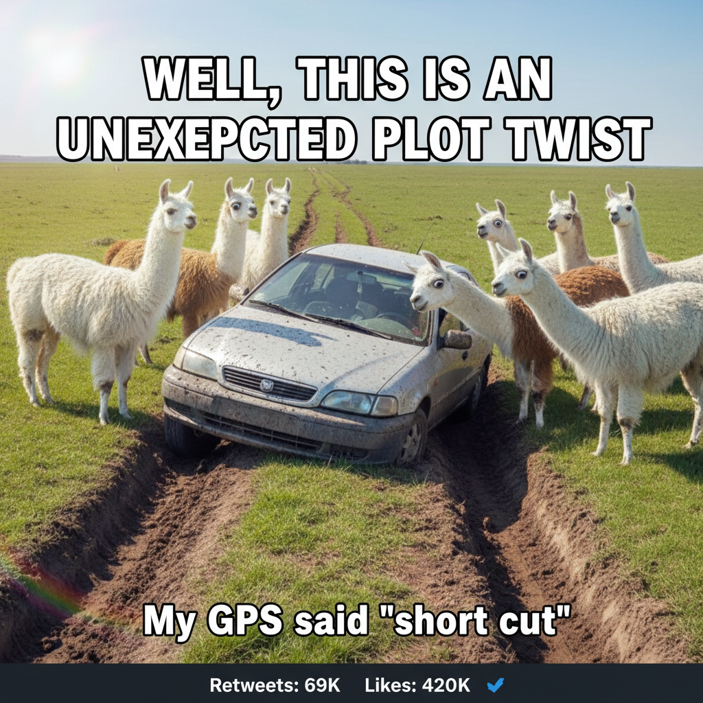 Road trip rule #1: Never trust the GPS. It just led us to a field of llamas. Send snacks.