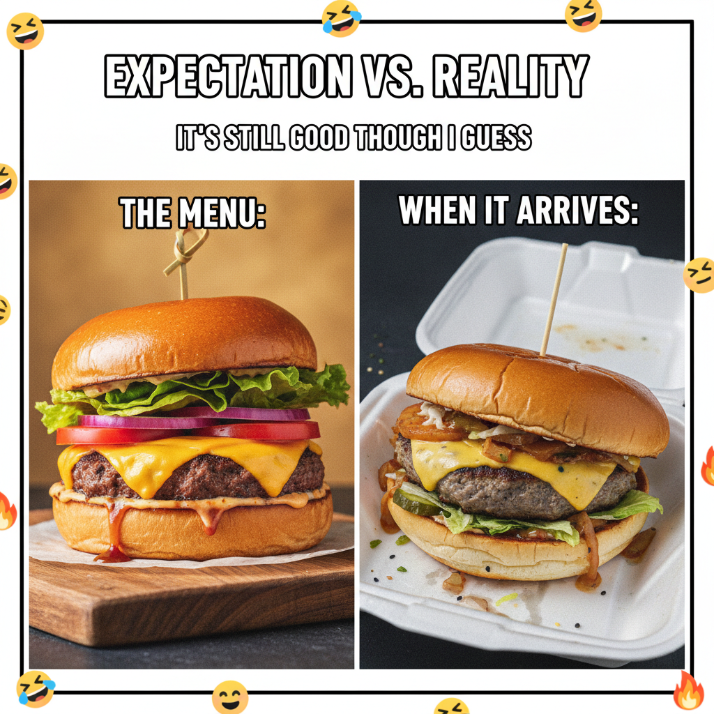 Ordered a gourmet burger, got a sad patty. My disappointment is immeasurable.