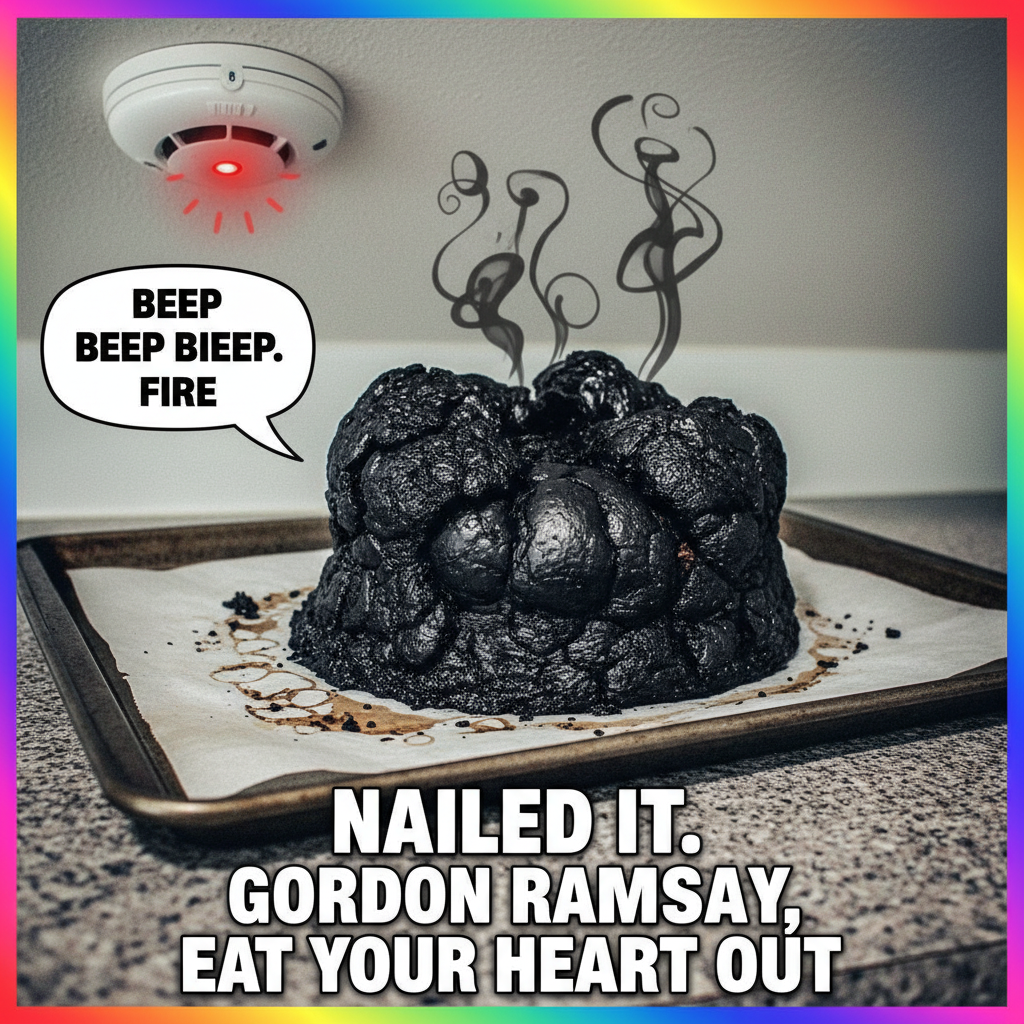 Tried to bake a cake, ended up with a charcoal briquette. Send help (and pizza).