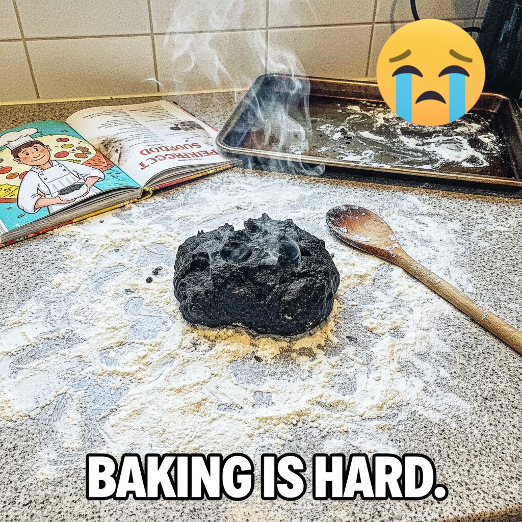 Tried to bake bread. Now my kitchen looks like a crime scene and smells like burnt dreams.