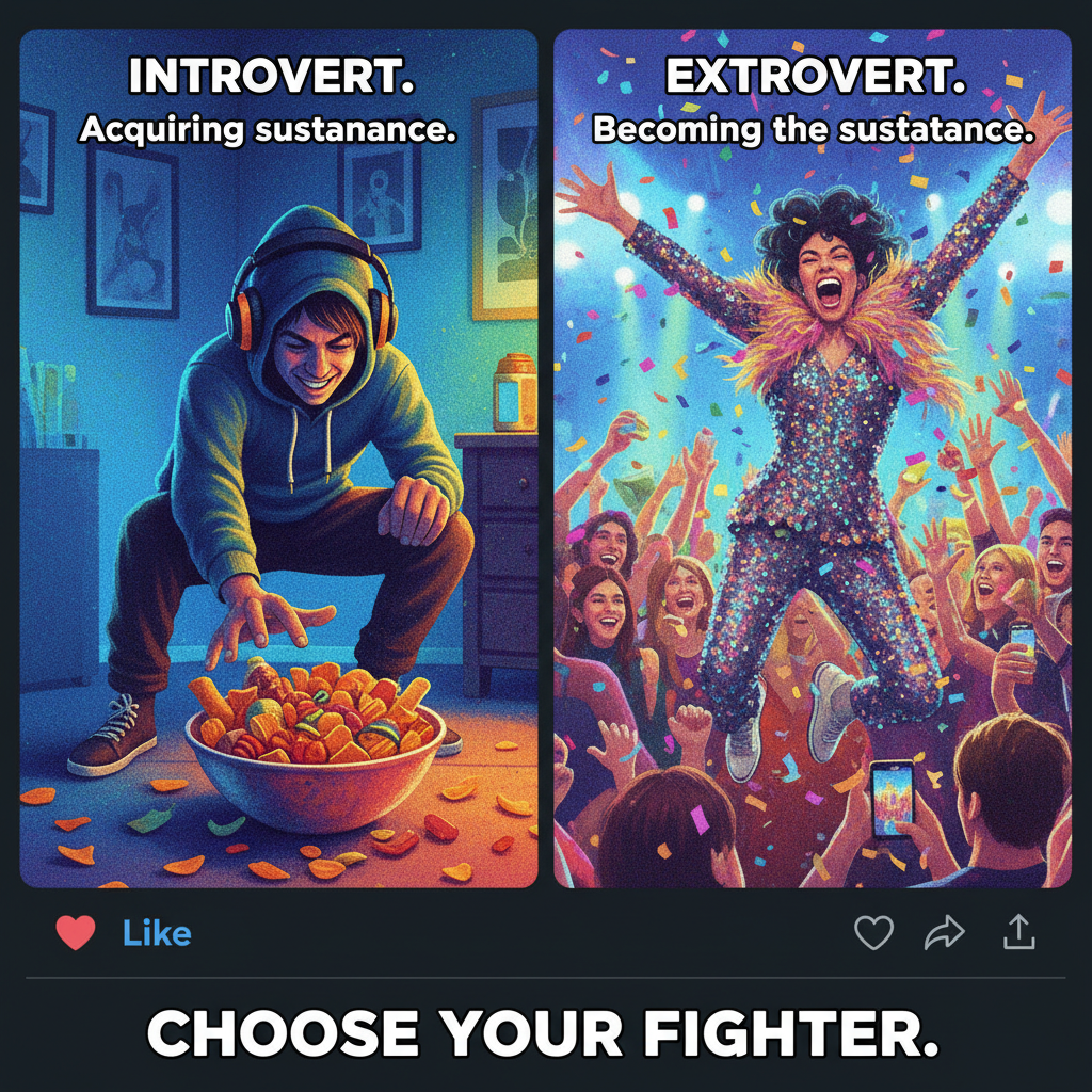 Introvert at a party: 'I'm just here for the snacks.' Extrovert: *is the party*