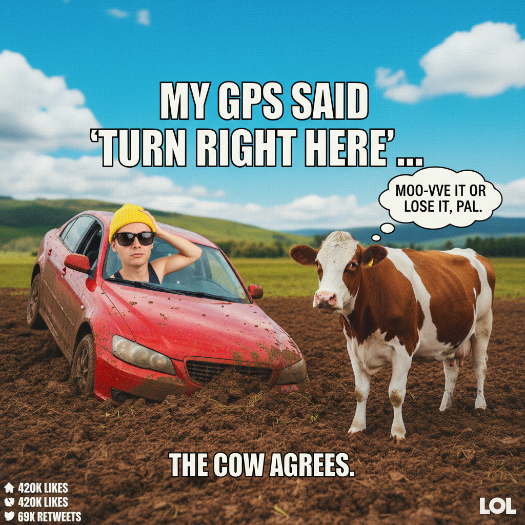 GPS said 'turn left.' I turned right. Now I'm in a field talking to a cow. Send snacks.