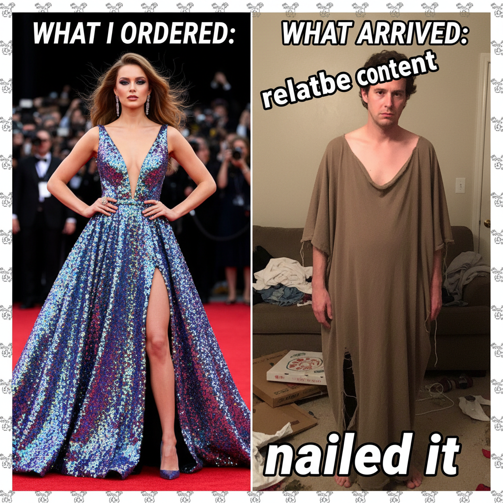 Ordered a 'chic' dress online. Received a potato sack with sleeves. My disappointment is immeasurable.
