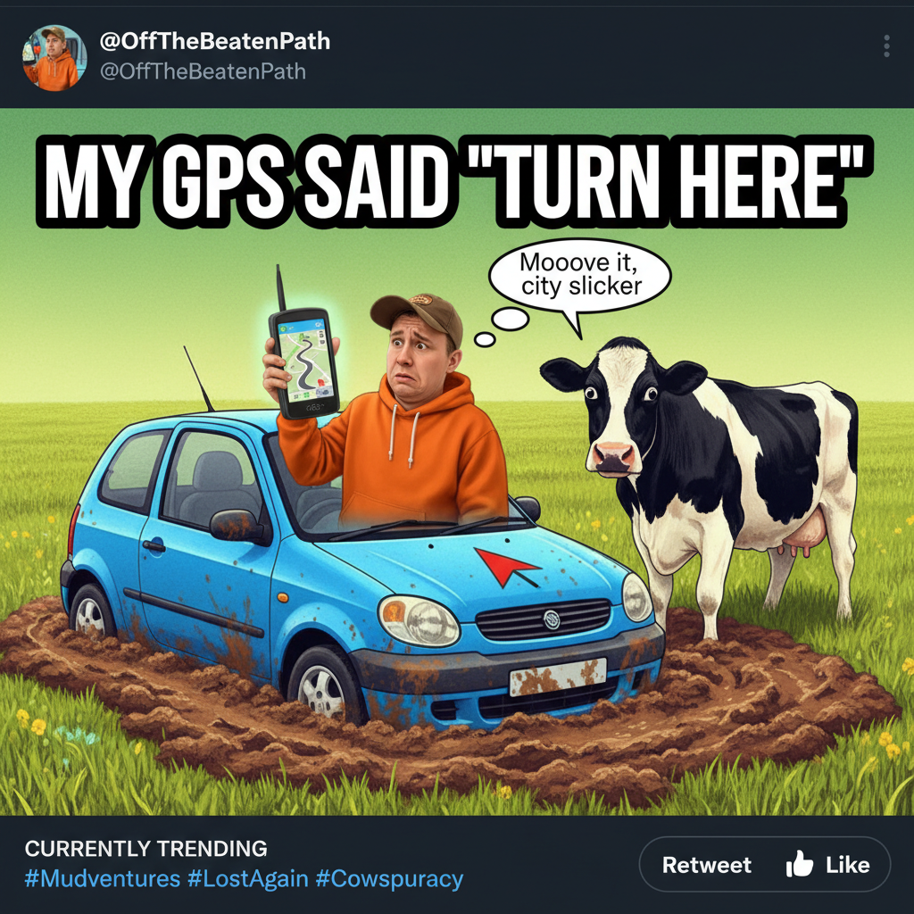 GPS said 'turn left'. I'm now in a field talking to a cow. Send snacks.