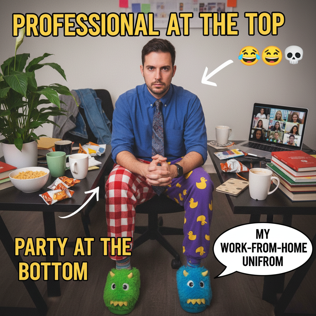 My 'work from home' outfit is 80% pajamas, 20% existential dread. Productivity: 0%.