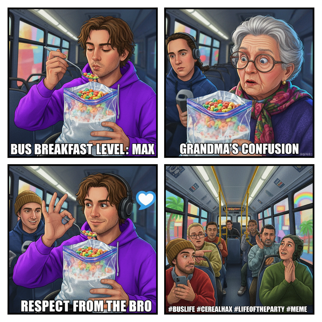 Just saw a guy on the bus eating cereal with a spoon. From a Ziploc bag. My hero.