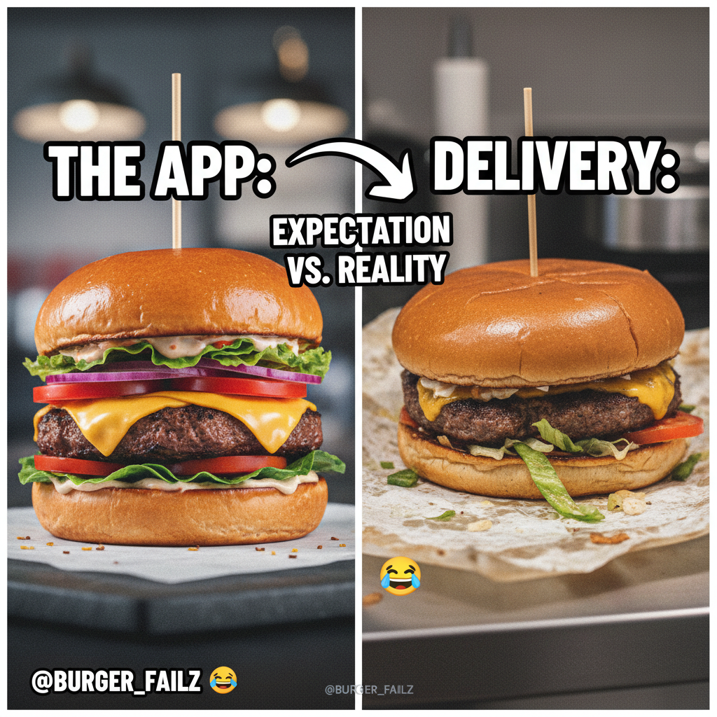 Food delivery app pic vs. what actually arrived. I ordered a burger, not a deflated dream.