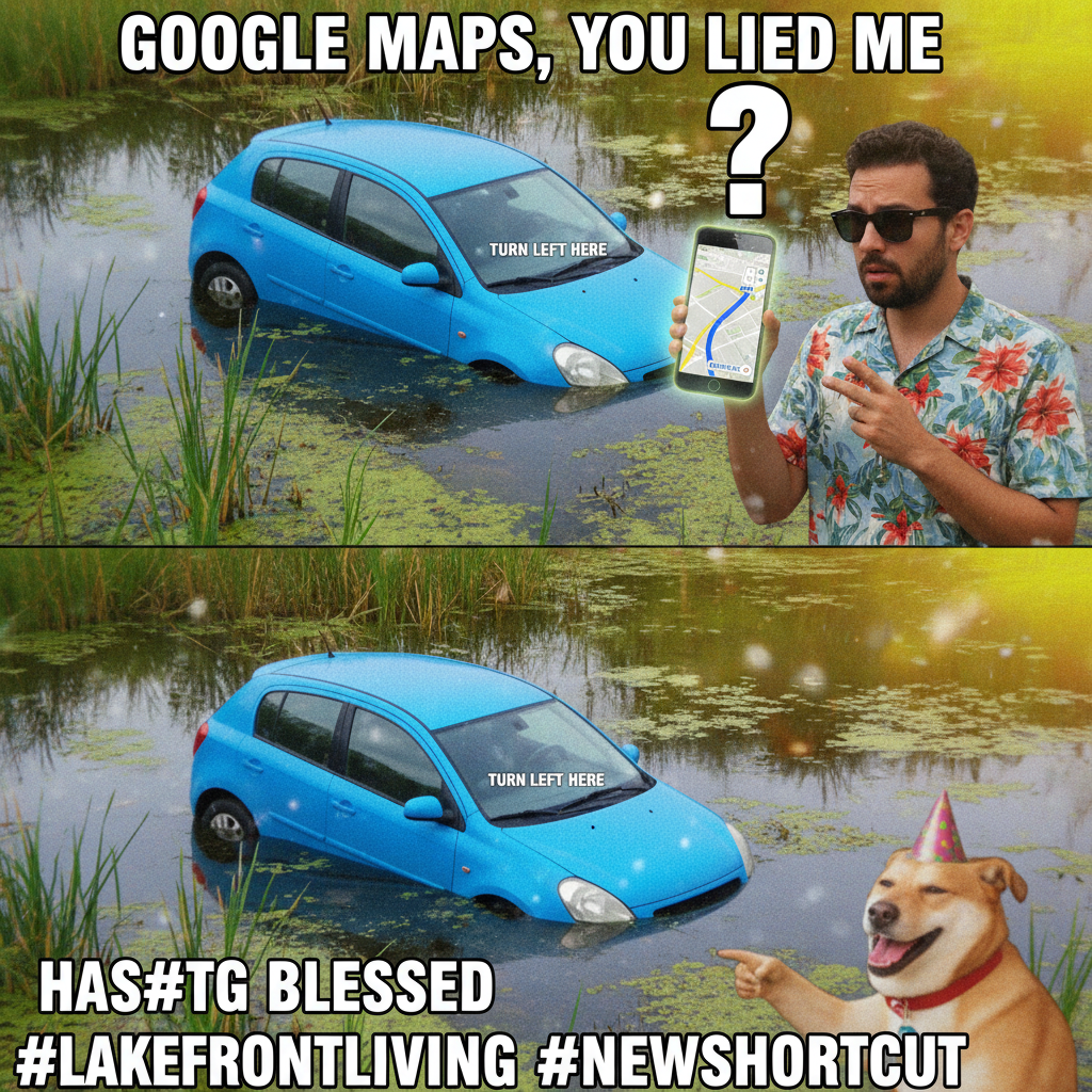 GPS: 'In 200 feet, turn left.' Me: *drives into a lake*. This road trip is going great.