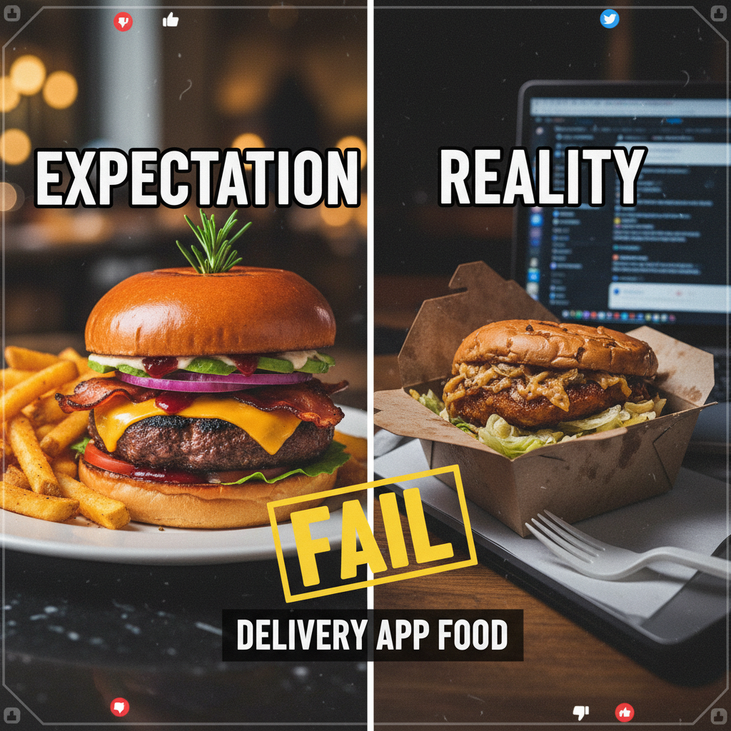 Ordered a gourmet burger, got something that looks like it lost a fight with a microwave. #FoodDeliveryFail