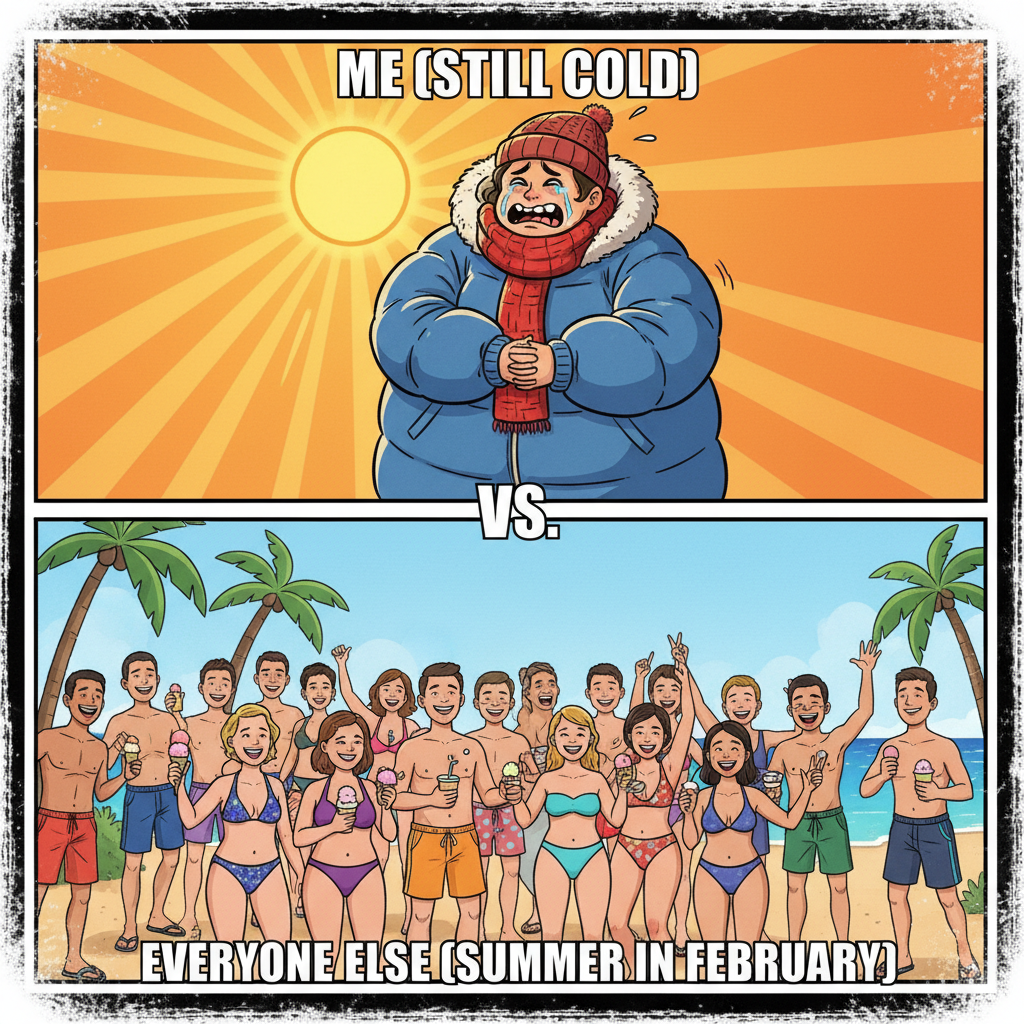 It's 75° and sunny, but my neighbor is still complaining it's 'too cold for shorts.' Sir, it's summer.