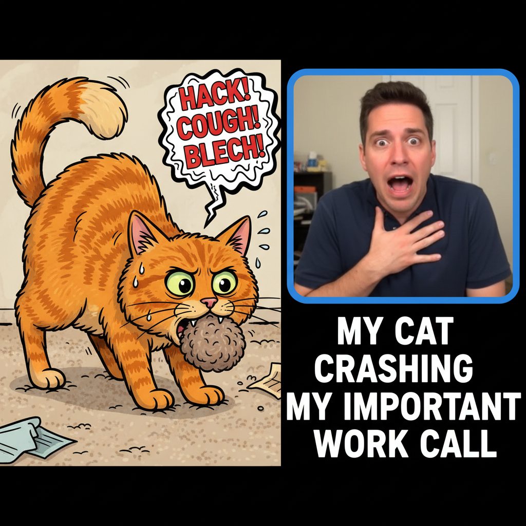 My camera was off during the Zoom meeting. My mic was not. My cat's dramatic hairball performance was.
