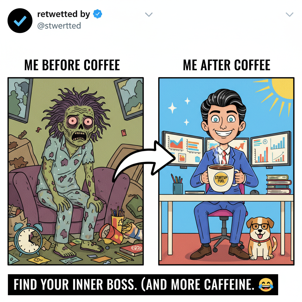 Me before my morning coffee vs. Me after my morning coffee.