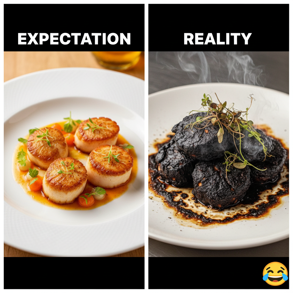 My attempt at a gourmet meal vs. The actual gourmet meal.