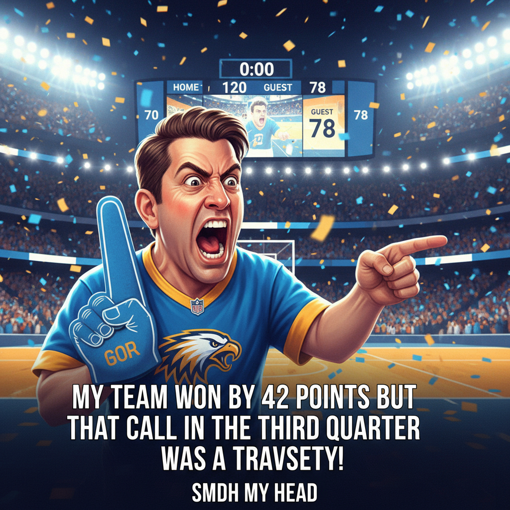 My team won by 50 points but the ref made ONE bad call. I'm suing. #SportsTwitter