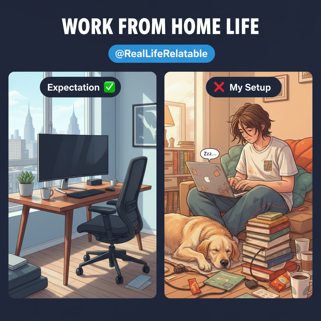 My 'professional' WFH setup vs. my actual WFH setup: a stack of books and a dog.
