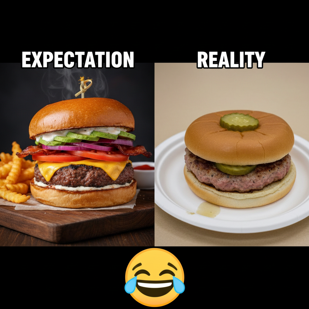 Ordered a gourmet burger. Got a sad patty and a single pickle slice. My disappointment is immeasurable.