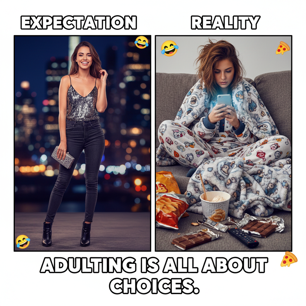 My Friday night plans: 'Go out and be fabulous!' Reality: 'PJs, snacks, and debating if I should rewatch that show.'