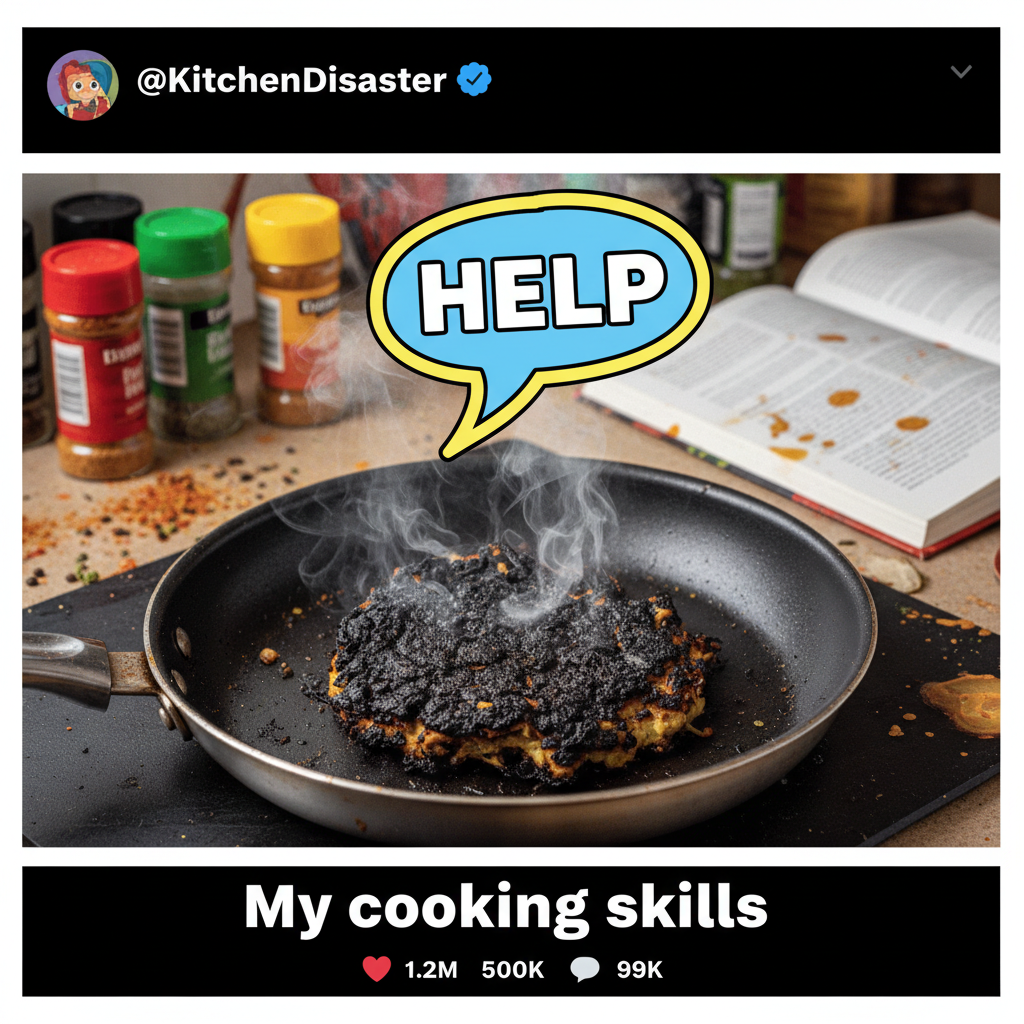 My 'gourmet' meal looks like a crime scene. Send help (and a fire extinguisher). #CookingFail