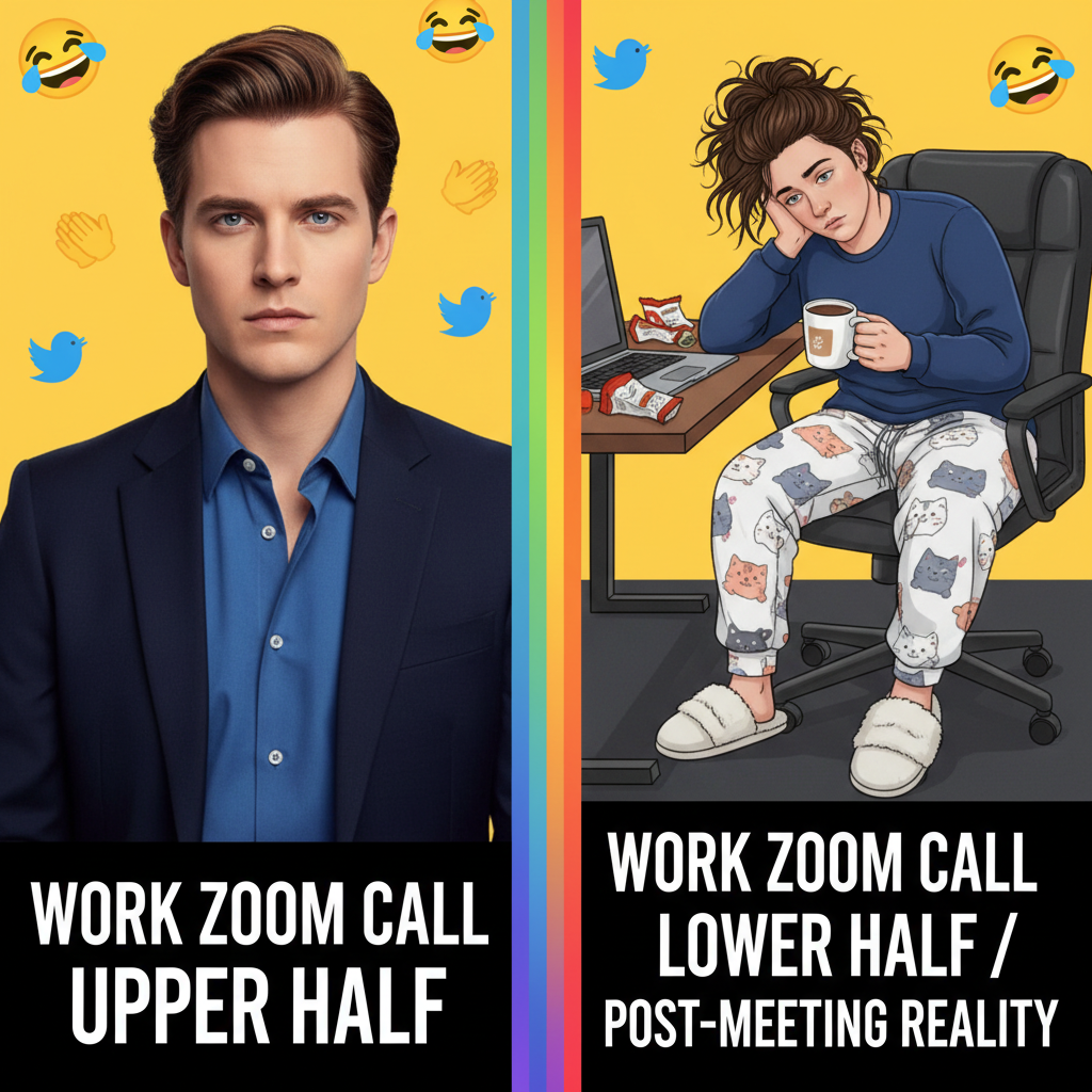 My WFH uniform is 50% pajamas, 50% existential dread. Productivity 100% (sometimes).