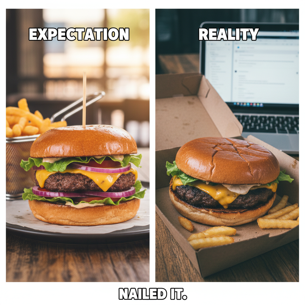 Ordered a gourmet burger, got a sad patty on a soggy bun. My disappointment is immeasurable.