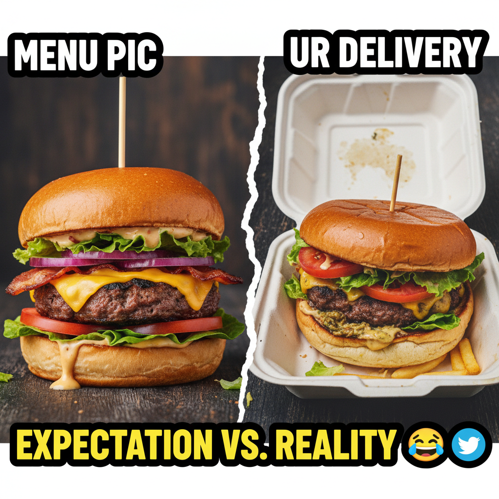 Ordered a gourmet burger, got something that looks like it lost a fight with a truck. #FoodDelivery