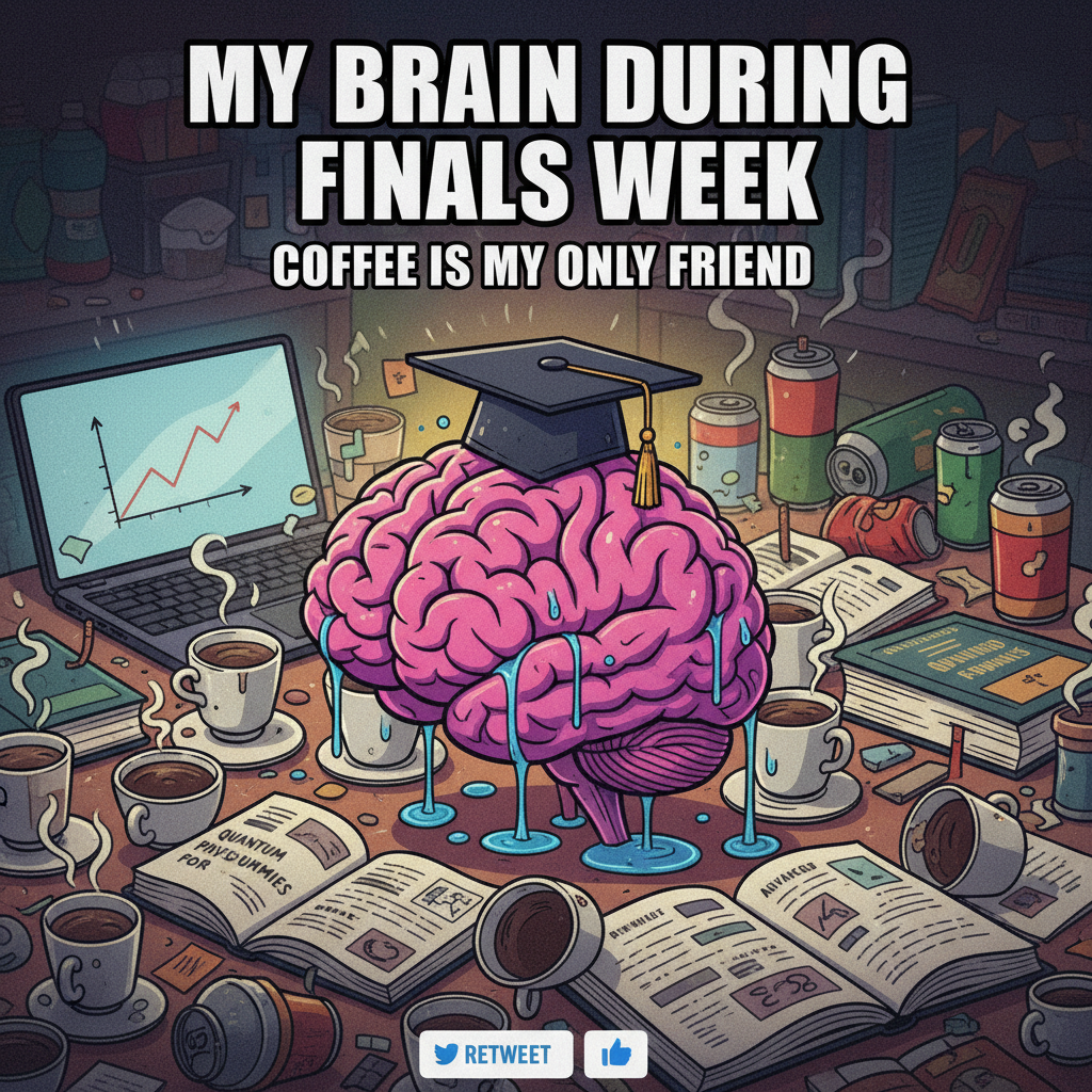 Exam season: My brain is 90% caffeine, 10% panic, 0% actual knowledge. Send help! #StudentLife