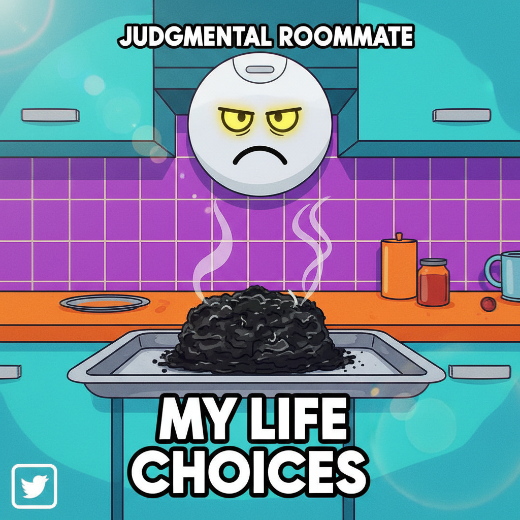 Tried to make a cake, ended up with a charcoal briquette. My smoke alarm is judging me. #CookingFail