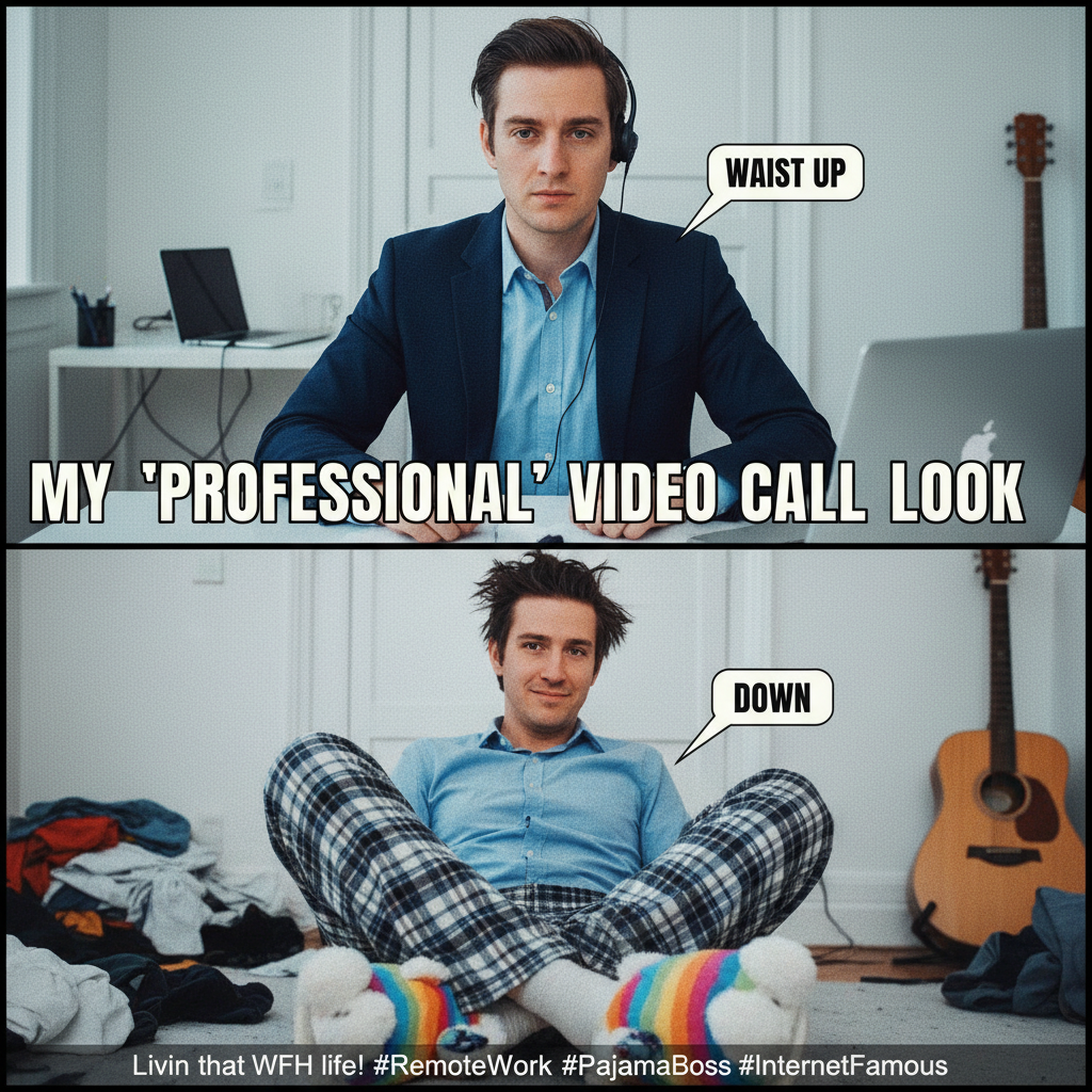 My work-from-home uniform is 50% pajamas, 50% existential dread. Productivity: 10%.