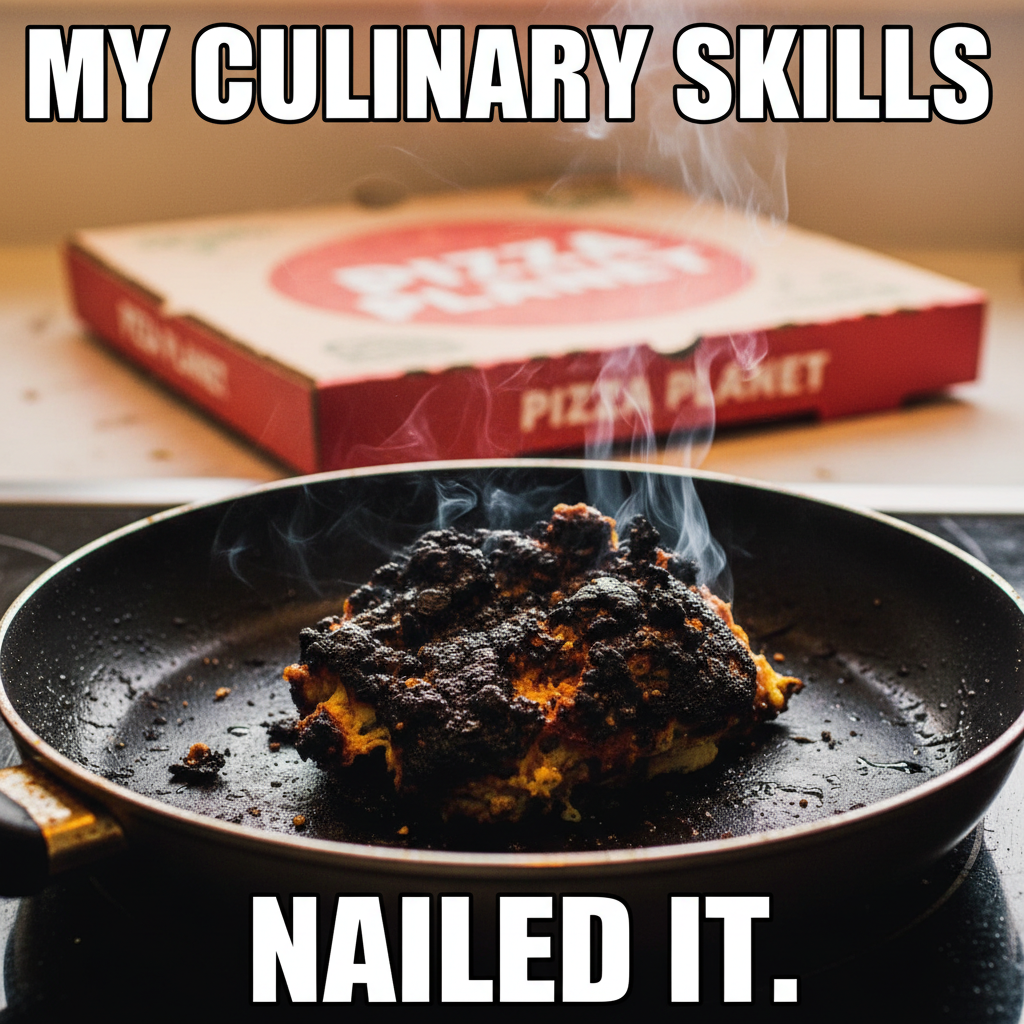 Tried to make a 'gourmet' meal. Ended up with a charcoal briquette. Send pizza.