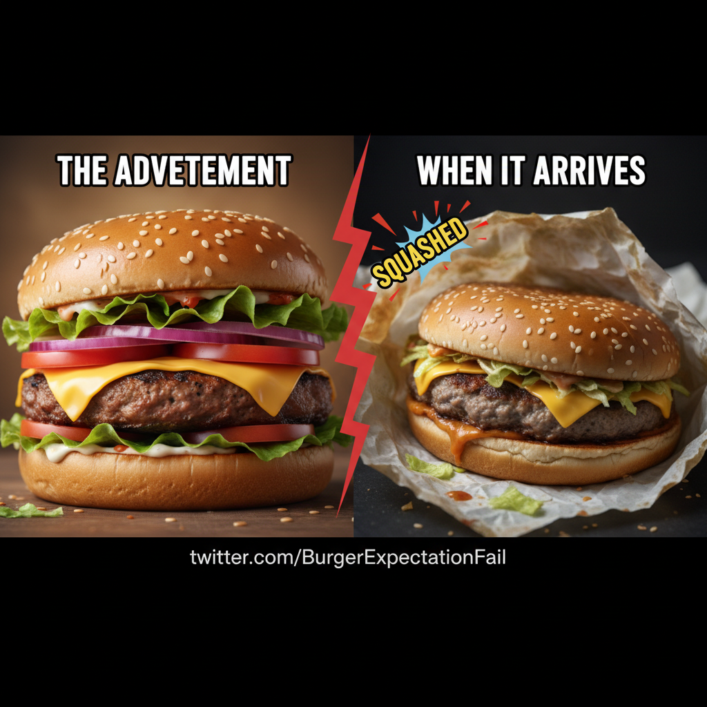 Food delivery app photo vs. what arrived. I ordered a burger, not a crime scene.