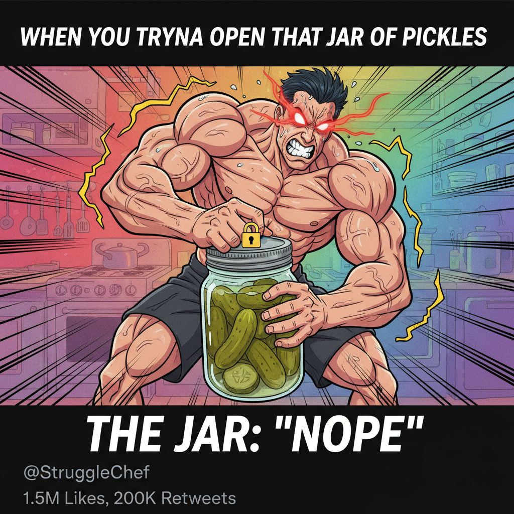 Me trying to use my anime powers to open a jar of pickles. Still stuck.