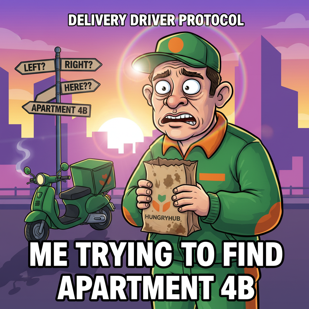 My food delivery driver looks exactly like my order description: 'slightly confused, probably lost.'