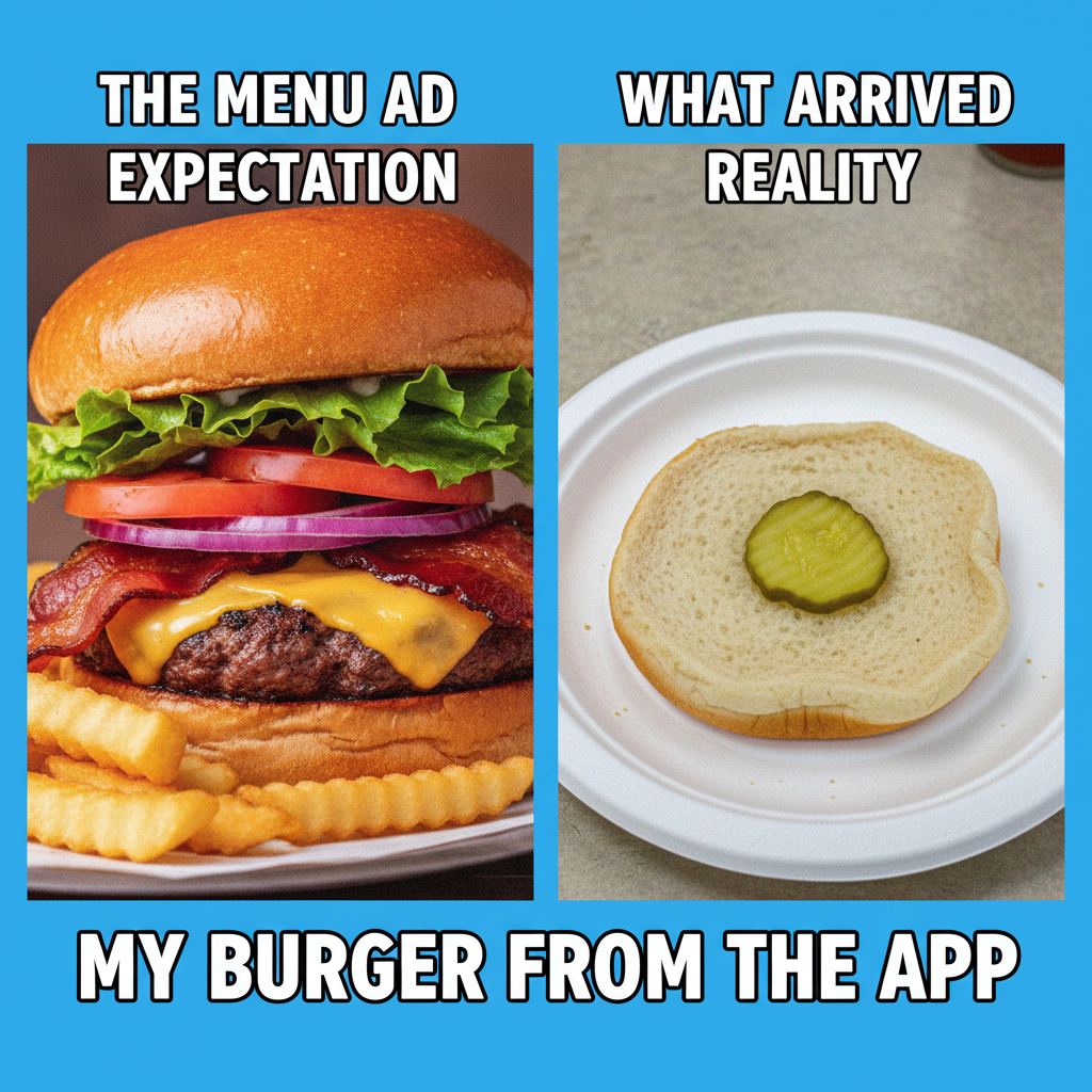 Ordered a gourmet burger. Got two buns and a pickle. Expectations vs. Reality.