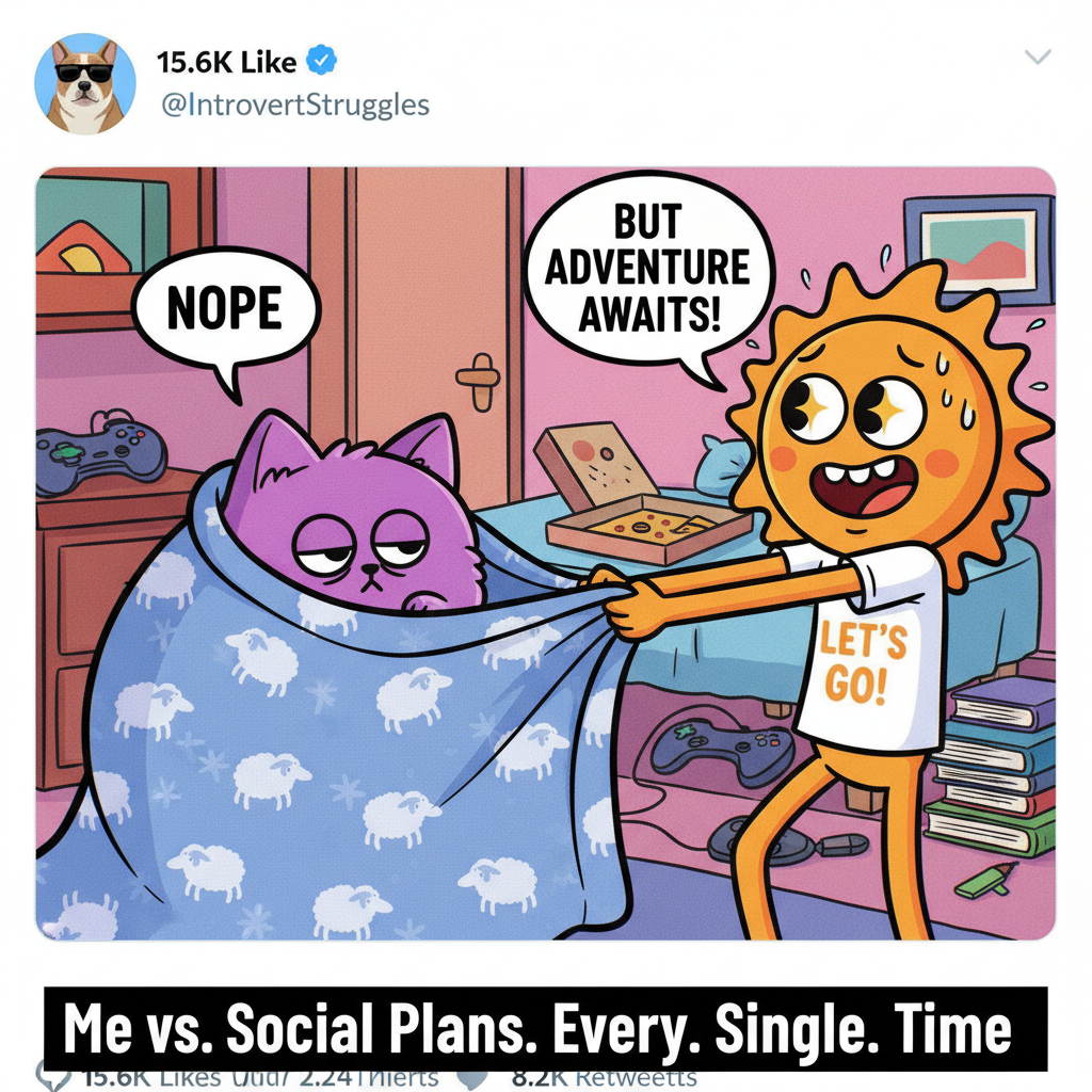 Extrovert: 'Let's go out!' Introvert: *pretends to be asleep*. The eternal struggle.