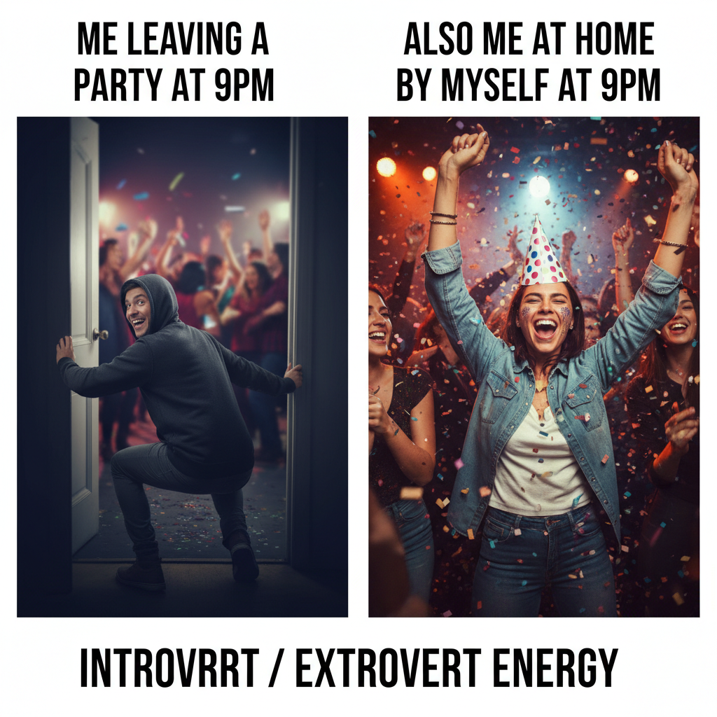 Me leaving a social event after 30 mins vs. my extrovert friend still hyping up the crowd.