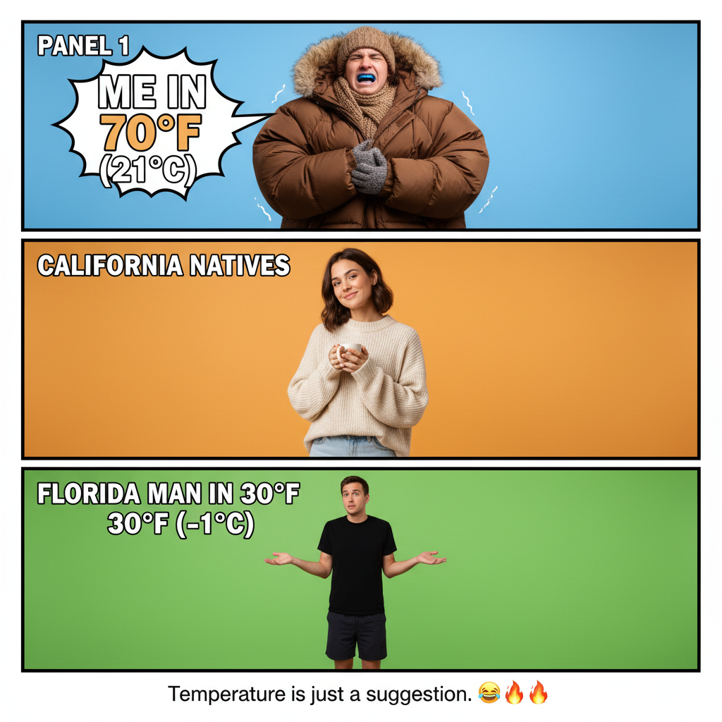 It's 70°F. Californians: arctic blast. Floridians: sweater weather. Everyone else: it's Tuesday.