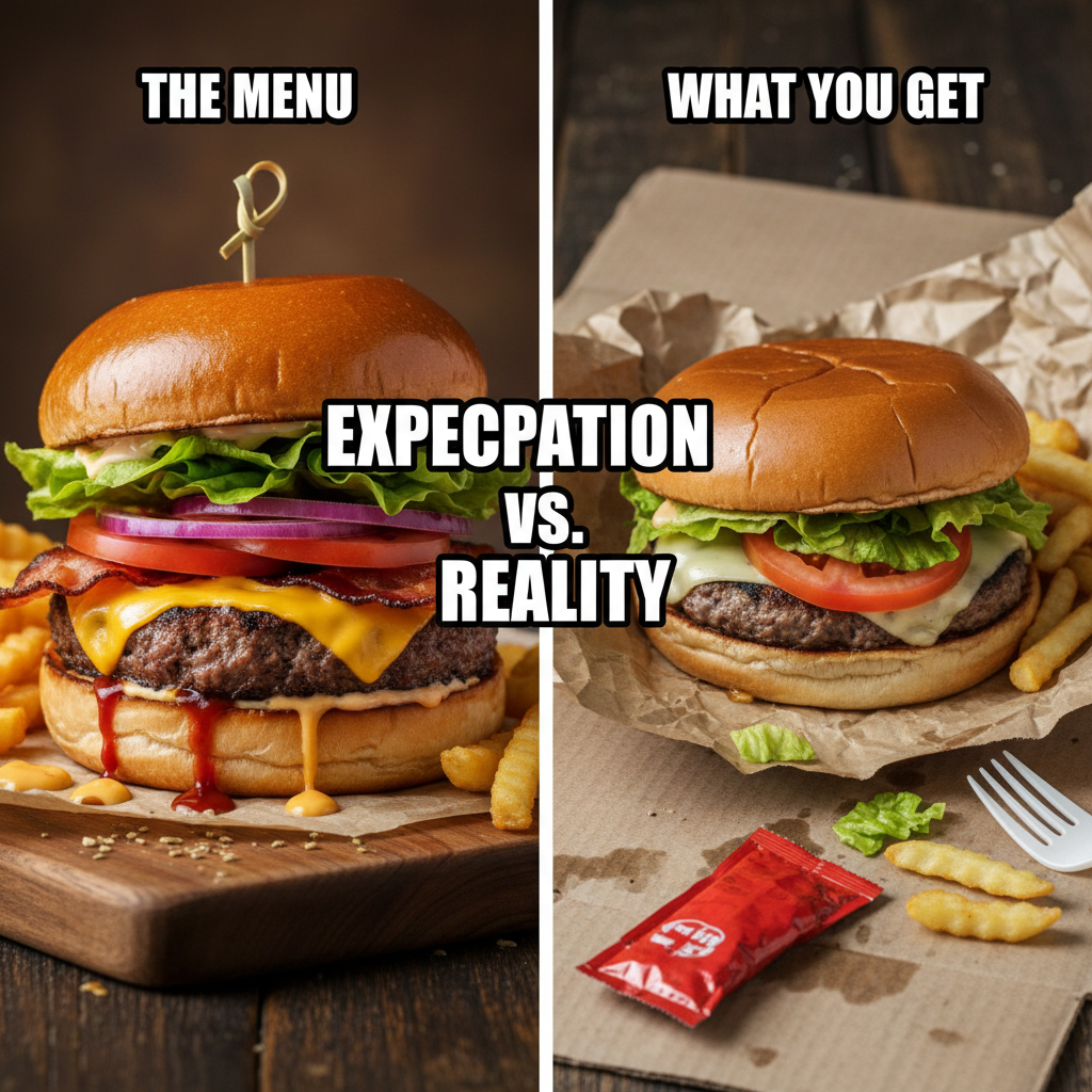 Ordered a gourmet burger, got a sad patty on a bun. My expectations vs reality hit different.