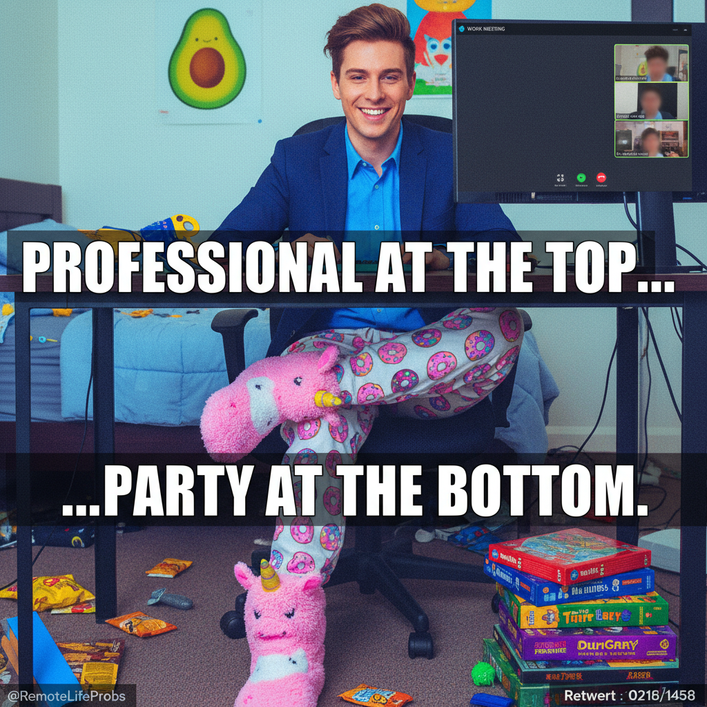 My WFH uniform: business on top, pajama pants and fuzzy socks on the bottom. The ultimate disguise.