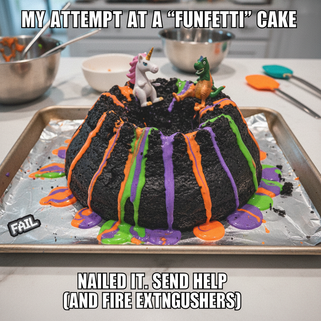 I tried to make a cake. It became a lava monster. Send help.
