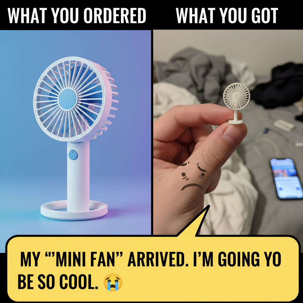 Ordered a 'mini' fan online. Received a fan for a dollhouse. My face is not amused. 🤦‍♀️