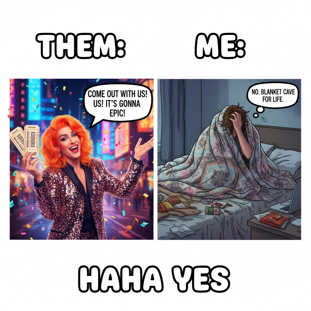 Extrovert: 'Let's go out!' Introvert: *pretends to be asleep*