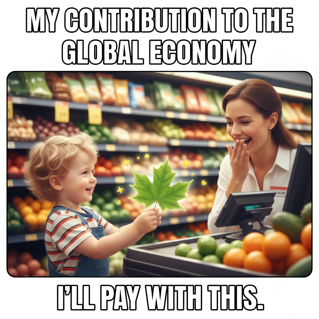 My toddler just tried to pay for groceries with a leaf. Guess I'm raising a nature economist.